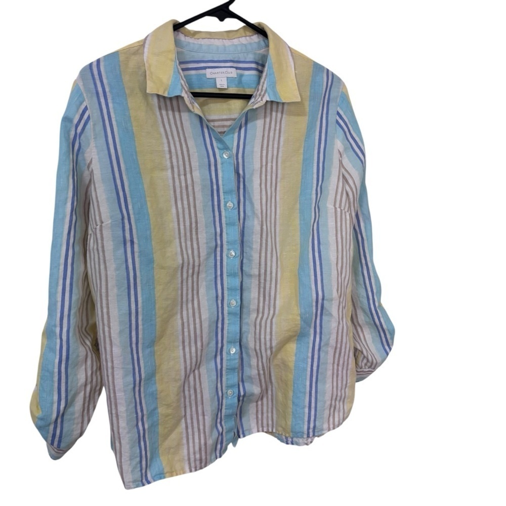 Charter club linen cotton blue yellow  beige Striped Button-Up Shirt size L
